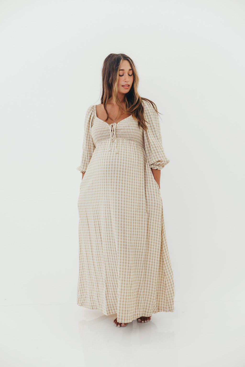Cecilia 100% Cotton Smocked Maxi Dress in Natural Plaid - Bump Friendly *9/26 PRE-ORDER*