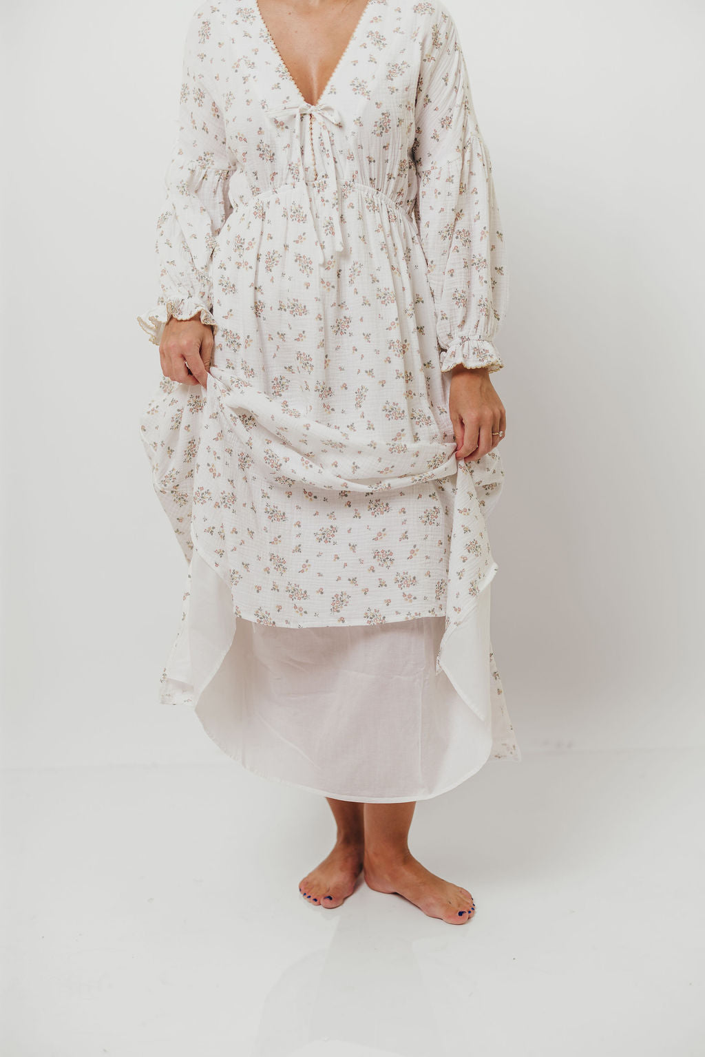 Hunter 100% Cotton Gauze Maxi Dress with Detail Trimming in Ivory Pink Floral - Bump Friendly and Inclusive Sizing