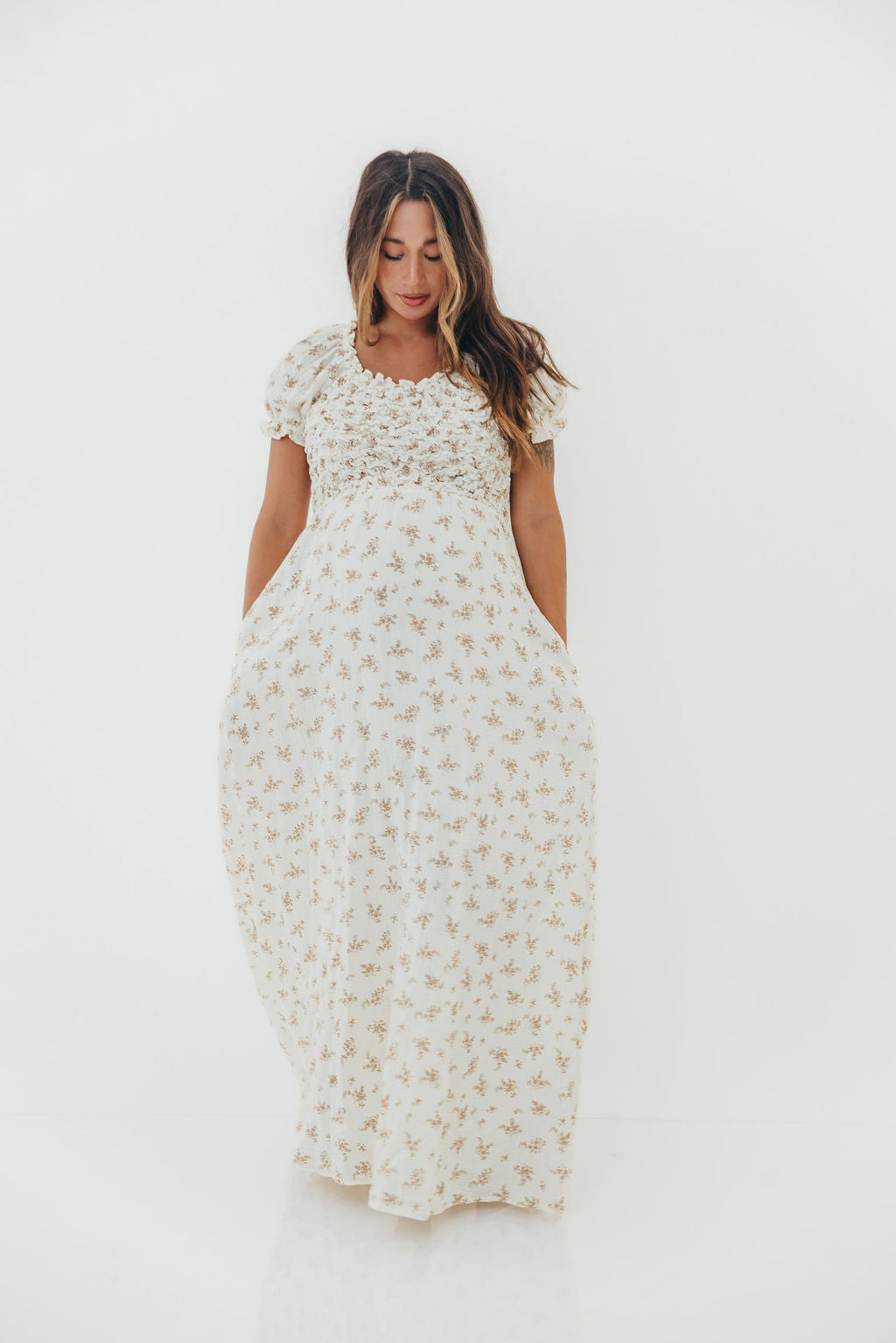 Emilia 100% Cotton Smocked Maxi Dress in Cream - Bump Friendly