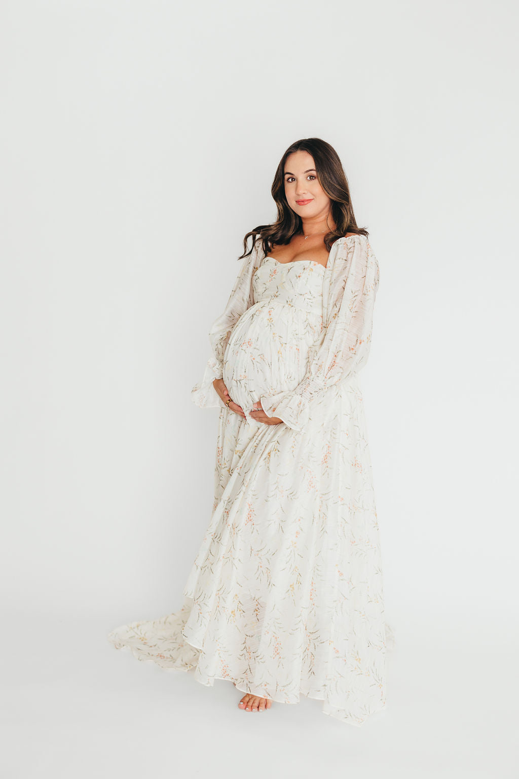 Delilah Maxi Dress With Train in Cream Floral - Bump Friendly