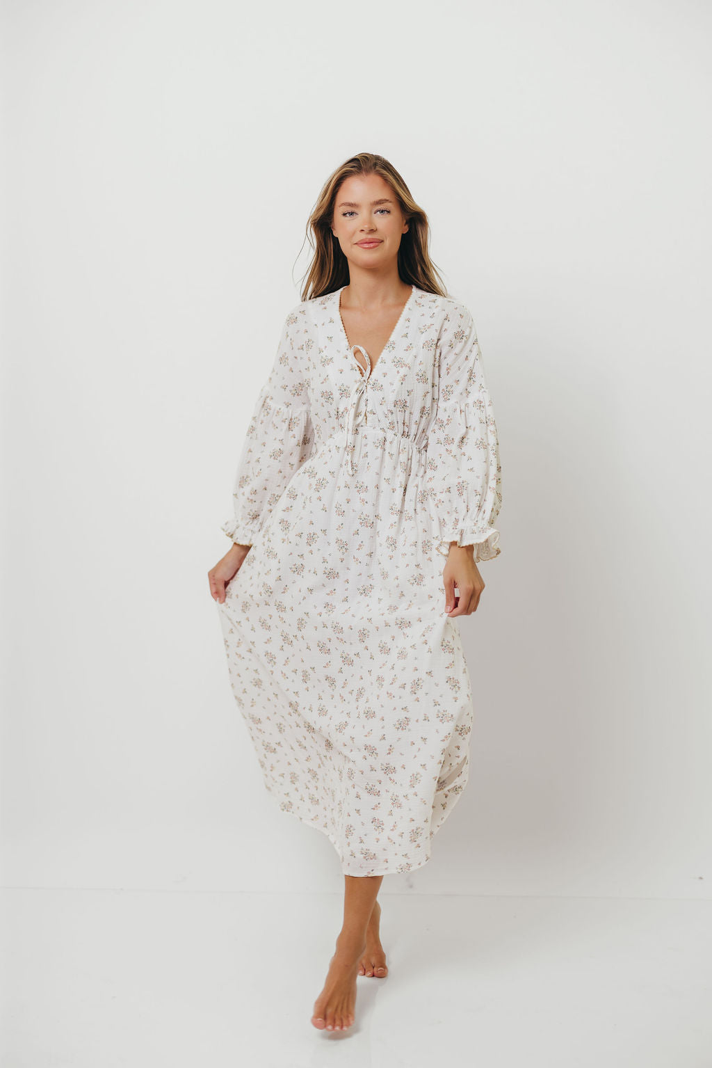 Hunter 100% Cotton Gauze Maxi Dress with Detail Trimming in Ivory Pink Floral - Bump Friendly and Inclusive Sizing