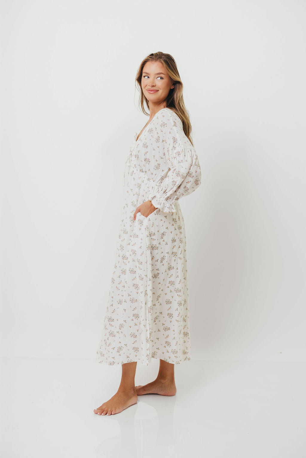Hunter 100% Cotton Gauze Maxi Dress with Detail Trimming in Ivory Pink Floral - Bump Friendly and Inclusive Sizing