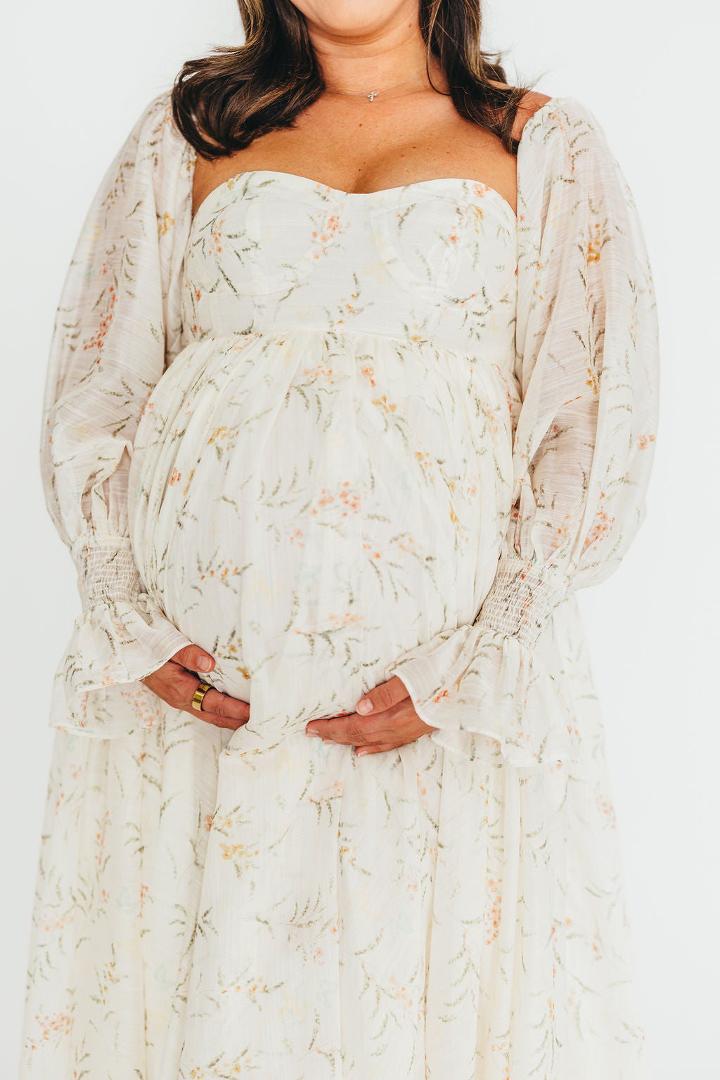Delilah Maxi Dress With Train in Cream Floral - Bump Friendly
