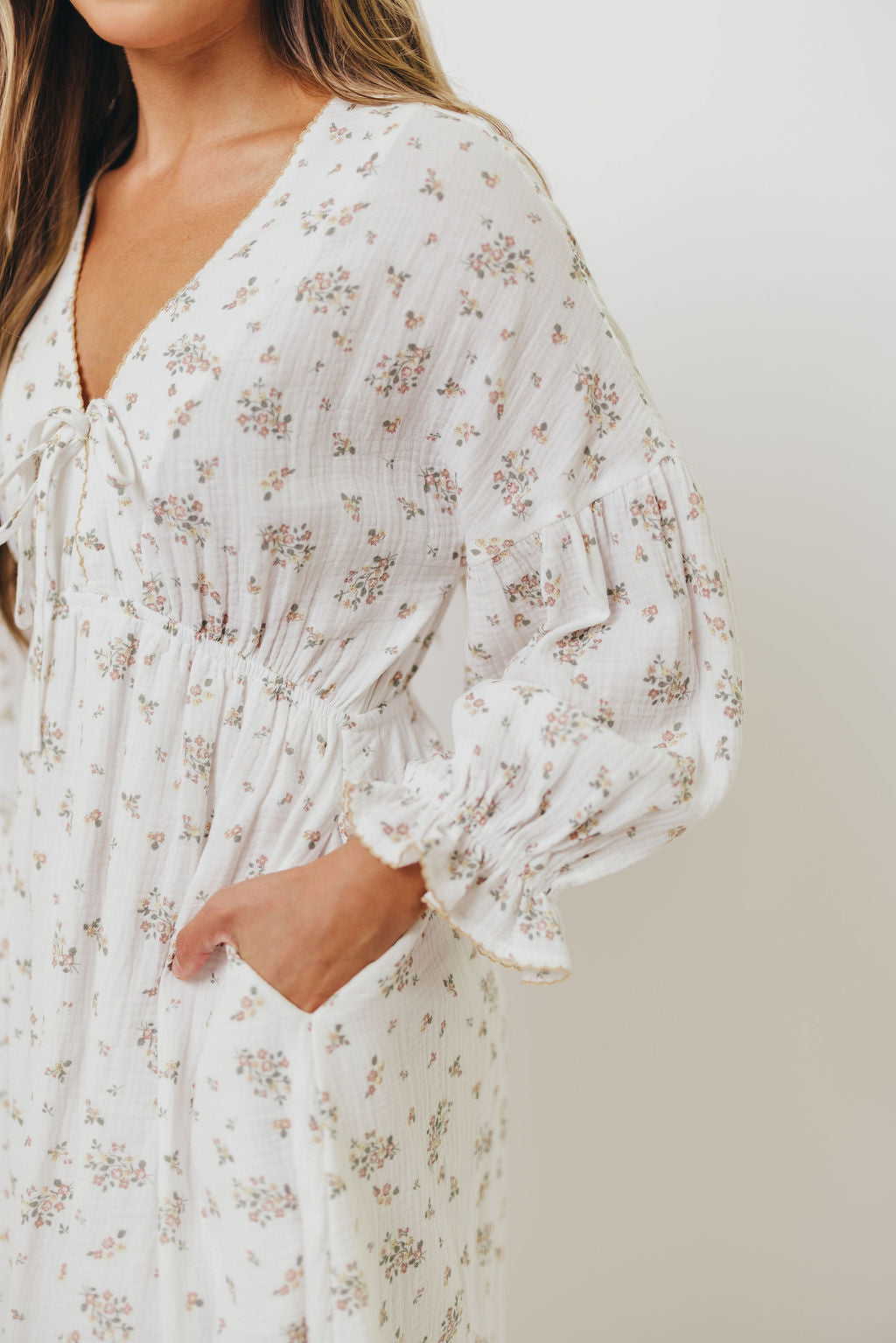 Hunter 100% Cotton Gauze Maxi Dress with Detail Trimming in Ivory Pink Floral - Bump Friendly and Inclusive Sizing