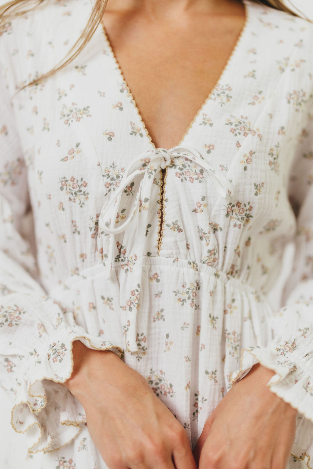 Hunter 100% Cotton Gauze Maxi Dress with Detail Trimming in Ivory Pink Floral - Bump Friendly and Inclusive Sizing
