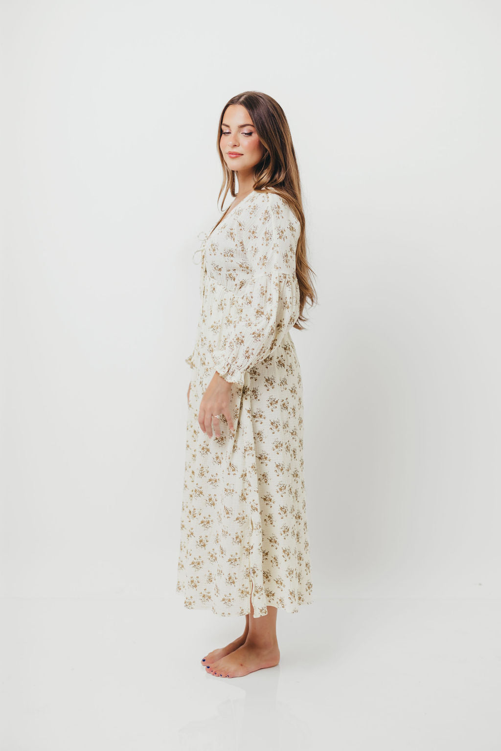 Hunter 100% Cotton Gauze Maxi Dress with Detail Trimming in Cream Taupe Floral - Bump Friendly and Inclusive Sizing