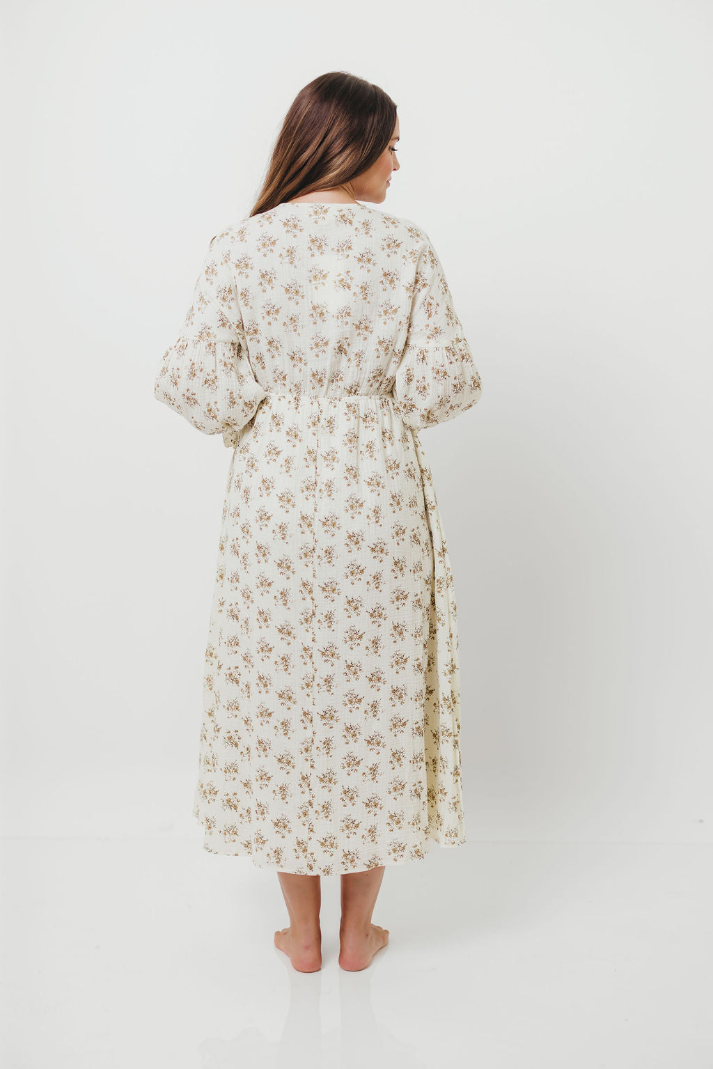 Hunter 100% Cotton Gauze Maxi Dress with Detail Trimming in Cream Taupe Floral - Bump Friendly and Inclusive Sizing