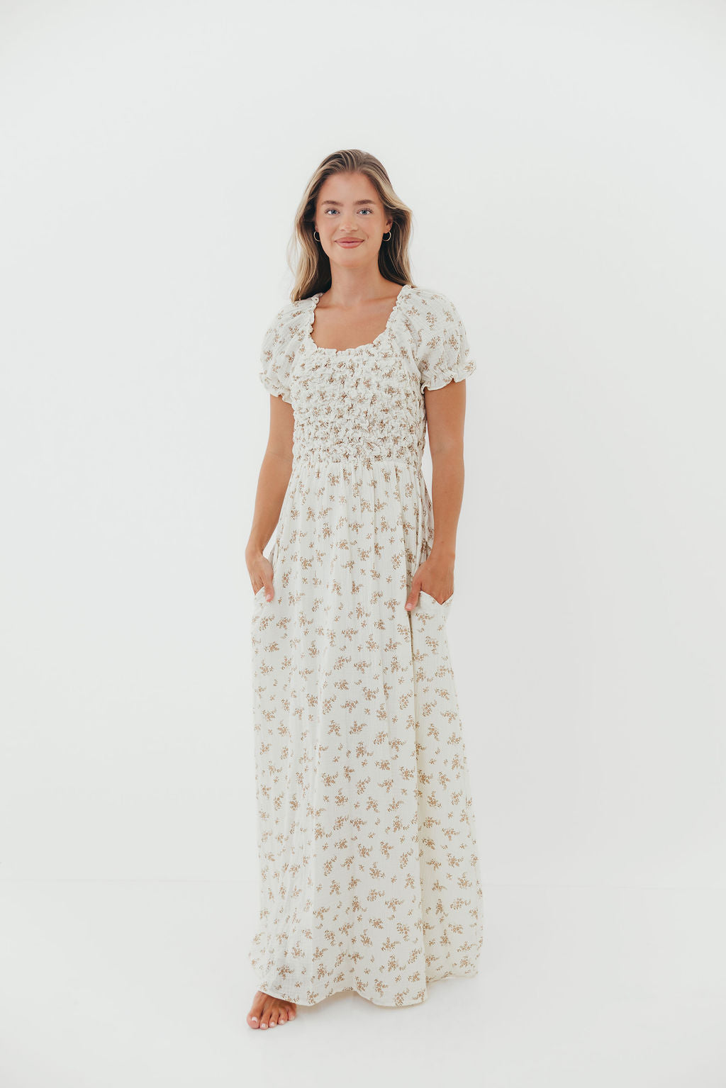 Emilia 100% Cotton Smocked Maxi Dress in Cream - Bump Friendly