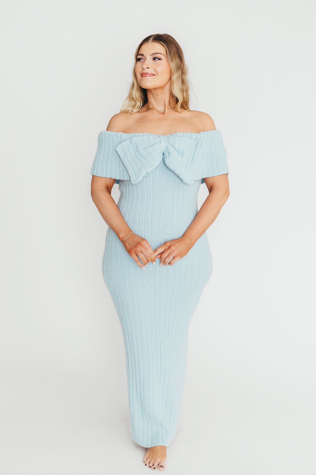 Aston Bow Front Maxi Sweater Dress in Ice Metal– Bump Friendly & Inclusive Sizing (S-3XL)