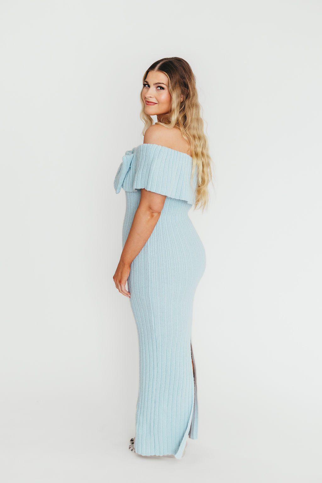 Aston Bow Front Maxi Sweater Dress in Ice Metal– Bump Friendly & Inclusive Sizing (S-3XL)