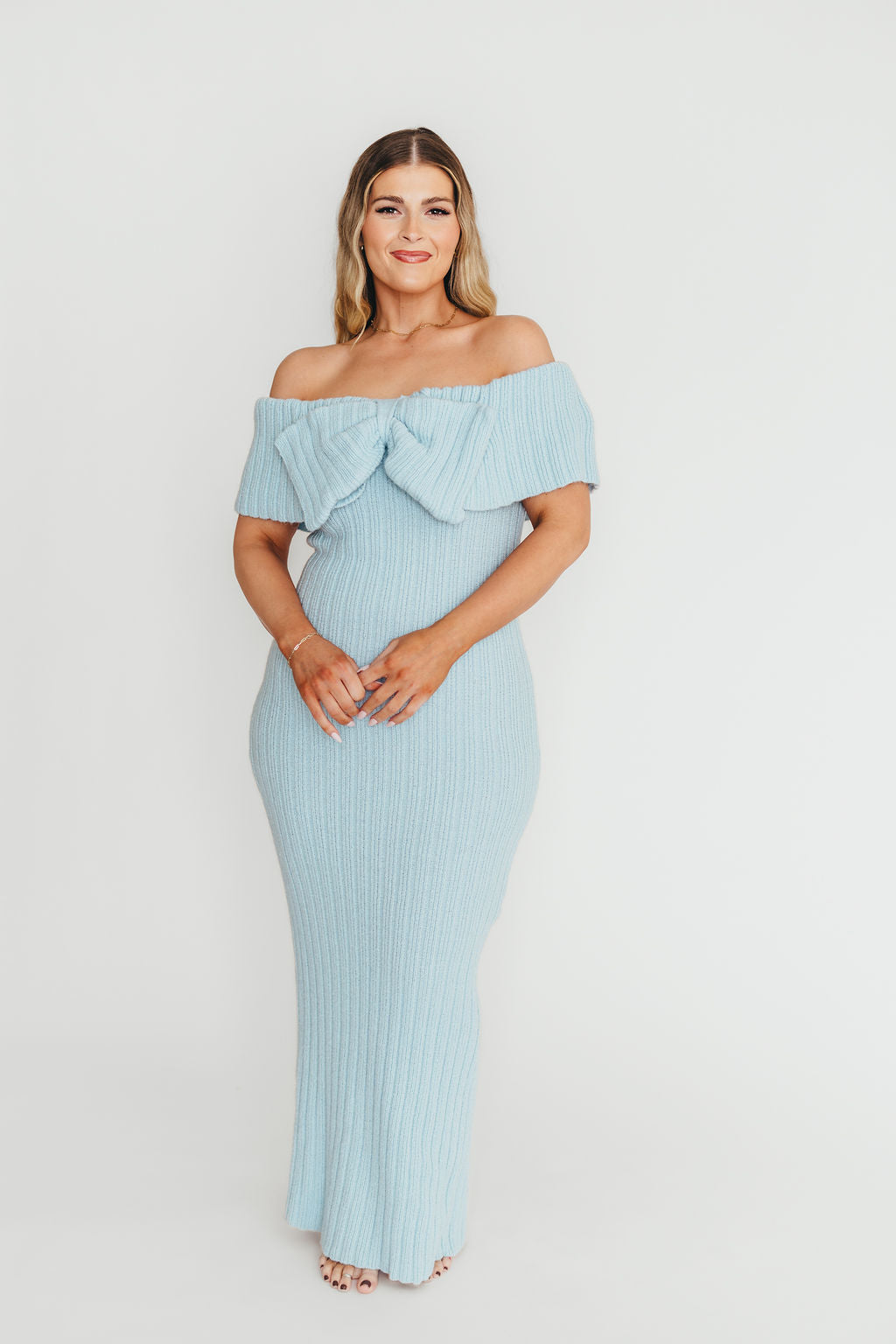 Aston Bow Front Maxi Sweater Dress in Ice Metal– Bump Friendly & Inclusive Sizing (S-3XL)