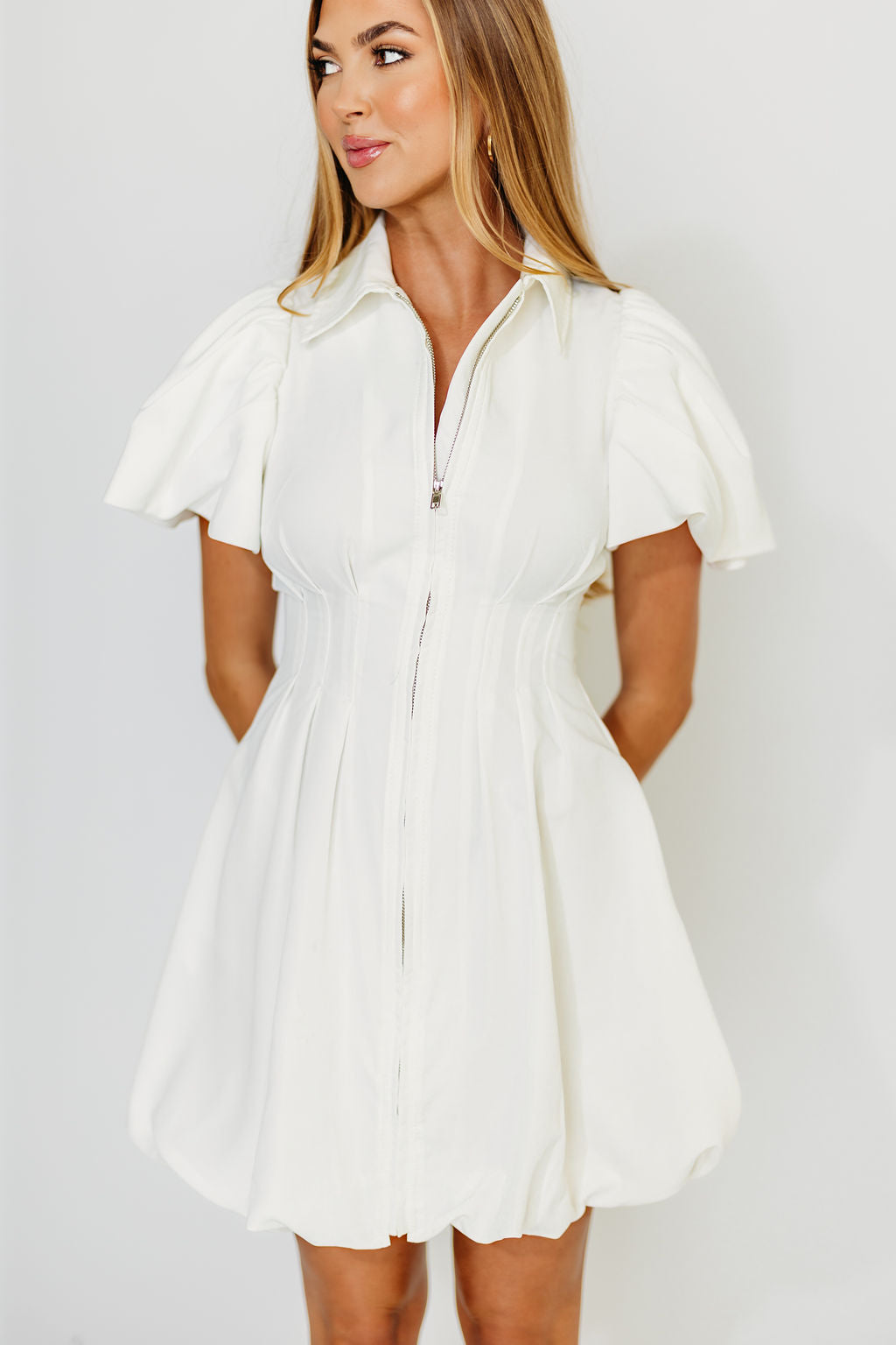 Melissa Bubble Sleeve Mini Dress in White
