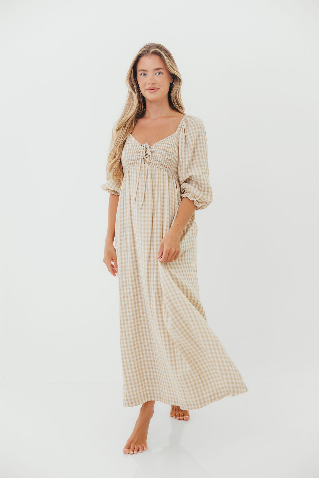Cecilia 100% Cotton Smocked Maxi Dress in Natural Plaid - Bump Friendly *9/26 PRE-ORDER*