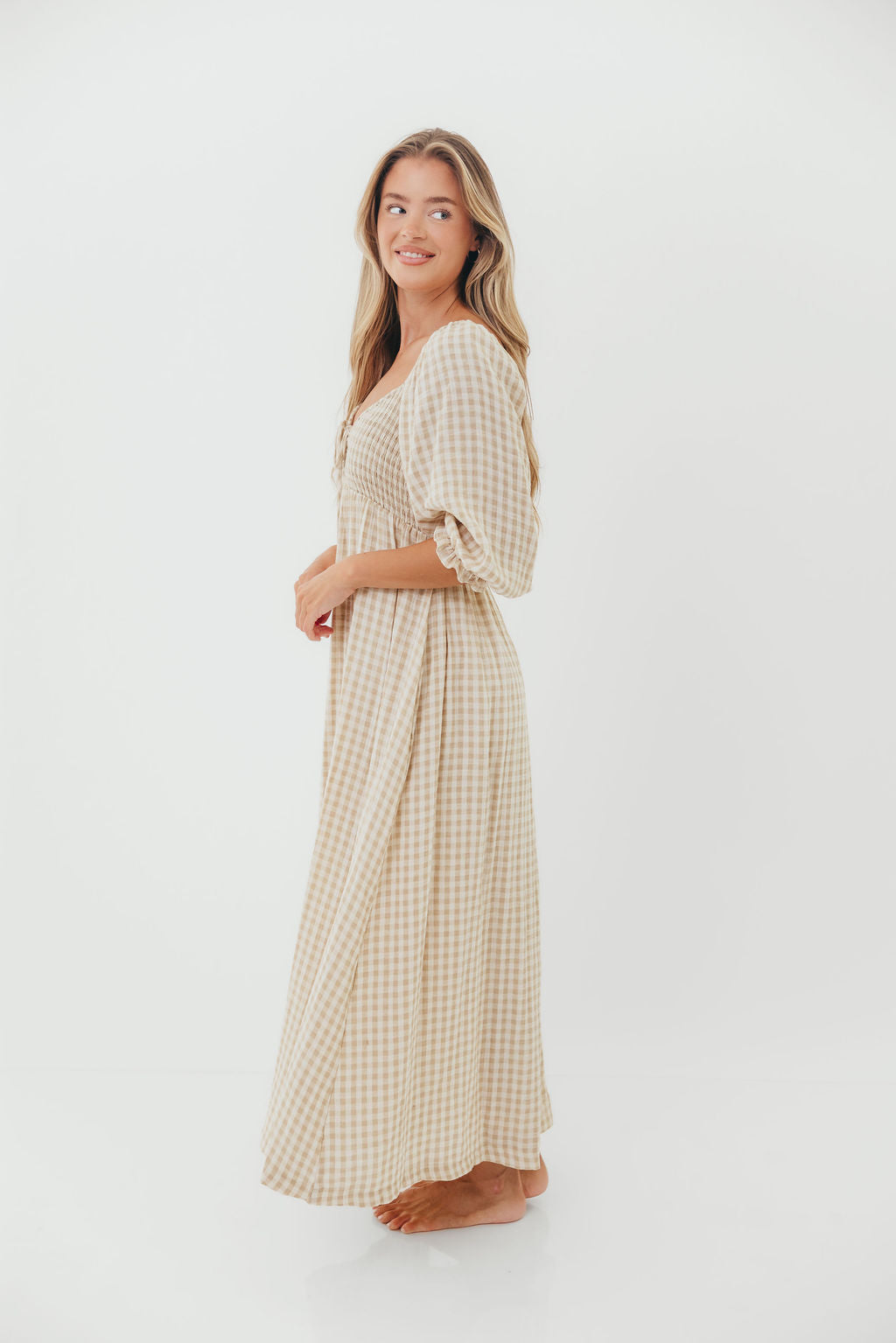 Cecilia 100% Cotton Smocked Maxi Dress in Natural Plaid - Bump Friendly *9/26 PRE-ORDER*