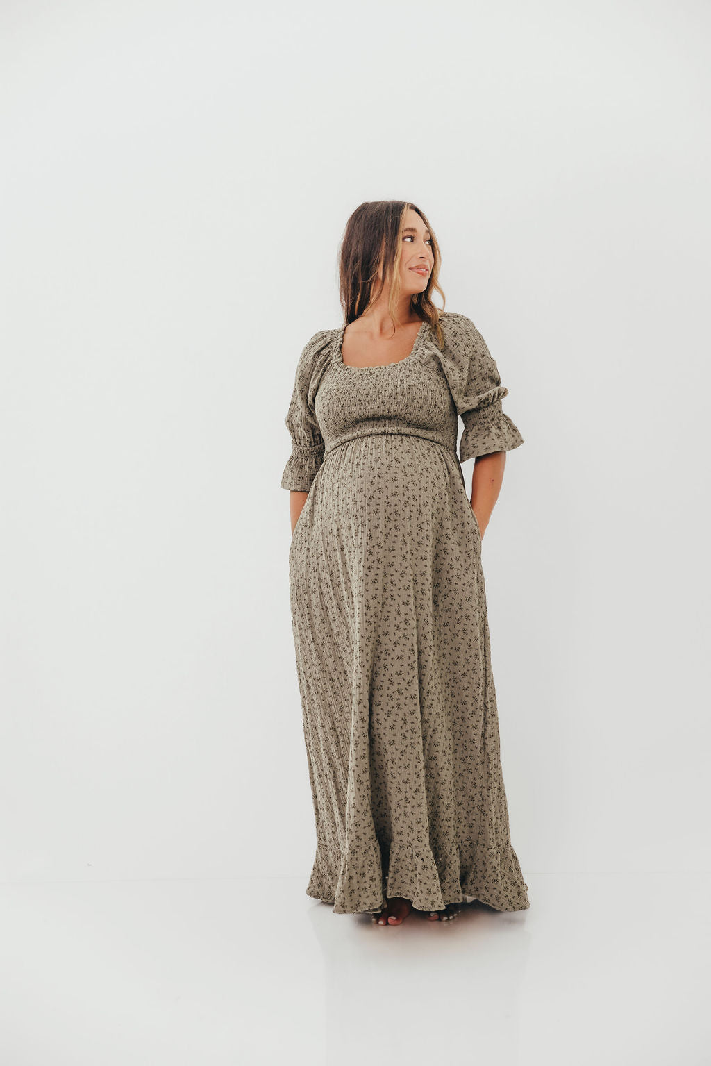 Sienna 100% Cotton Puff Sleeve Maxi Dress in Olive Foliage - Bump Friendly *9/26 PRE-ORDER*