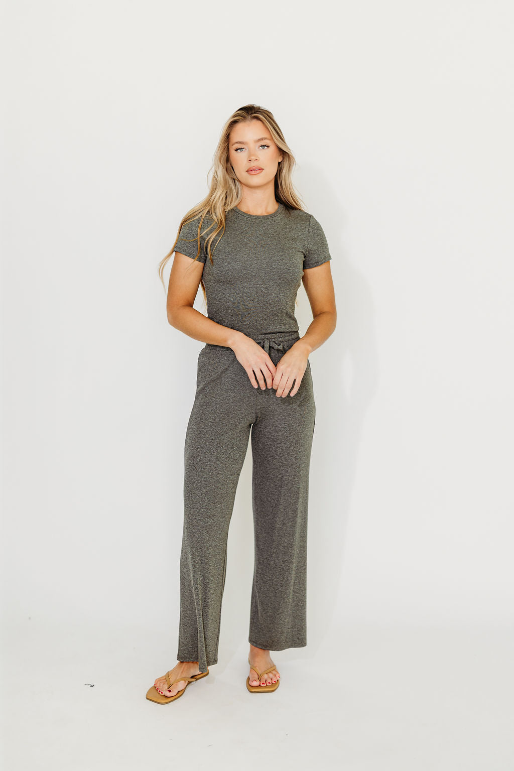The Muse Knit Ribbed Short Sleeve Top & Pants Set in Charcoal