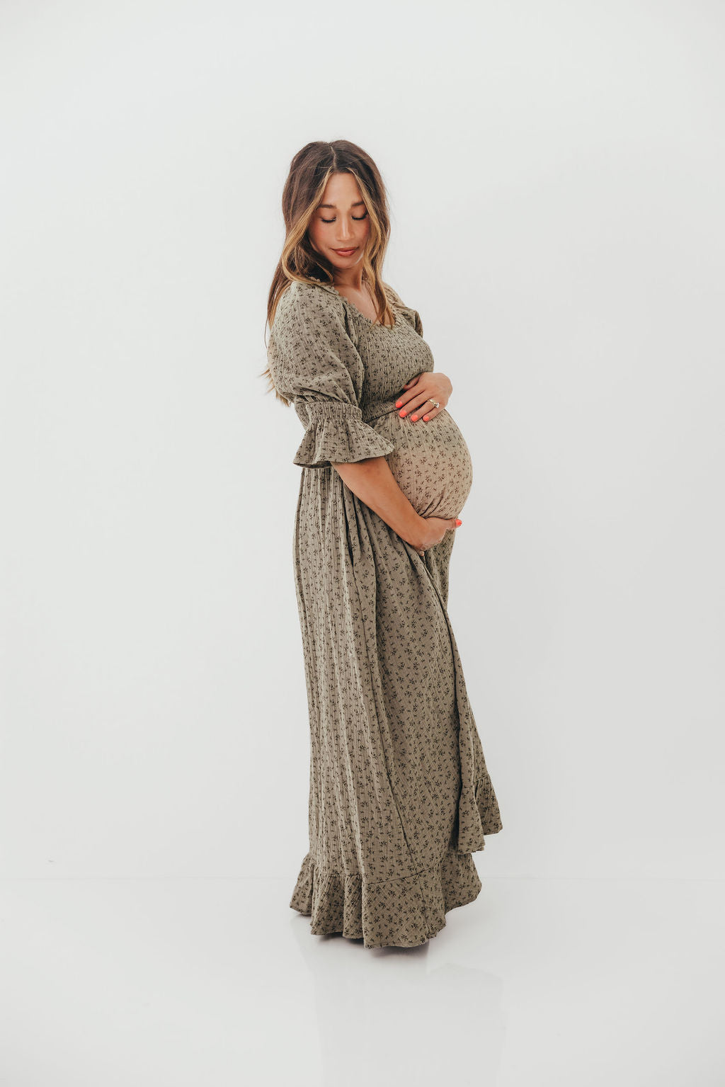 Sienna 100% Cotton Puff Sleeve Maxi Dress in Olive Foliage - Bump Friendly *9/26 PRE-ORDER*