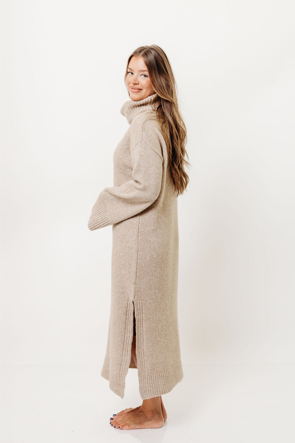 Melissa Cowl-Neck Sweater Midi Dress in Sand