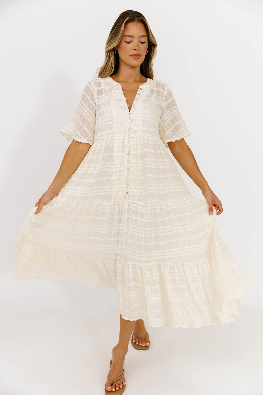 Kristin Tiered Woven Maxi Dress with Detachable Liner in Ivory - Bump Friendly