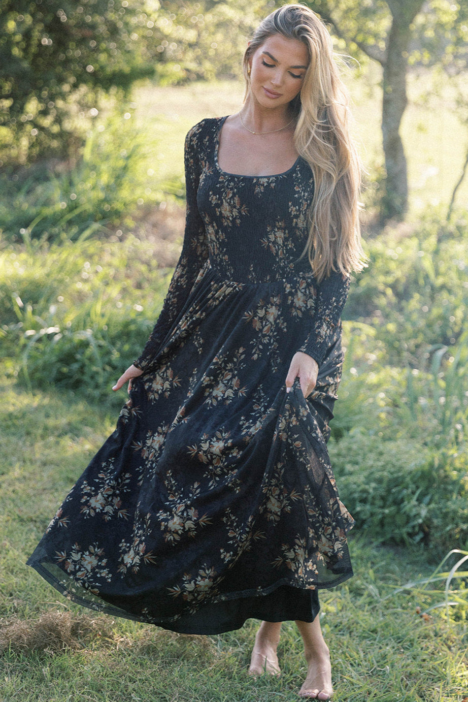 Honor Floral Smocked Woven Maxi Dress in Black - Bump Friendly