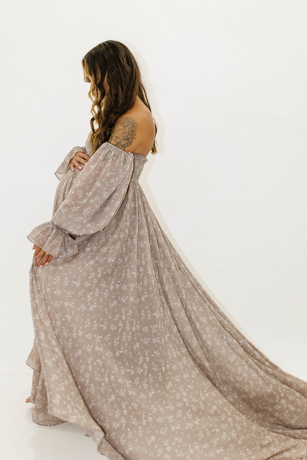 Delilah Maxi Dress with Train in Taupe - Bump Friendly - Sold Out Sizes Restocking in Nov