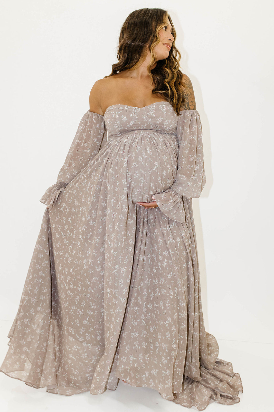 Delilah Maxi Dress with Train in Taupe - Bump Friendly - Sold Out Sizes Restocking in Nov