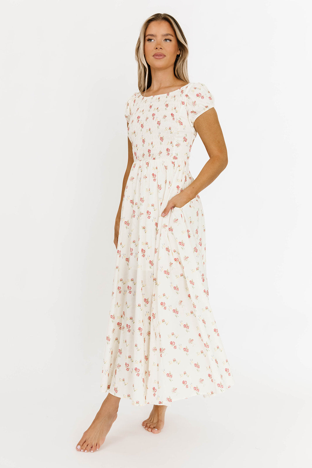 Denise 100% Cotton Smocked Maxi Dress with Piecing and Strappy Back in Cream Floral