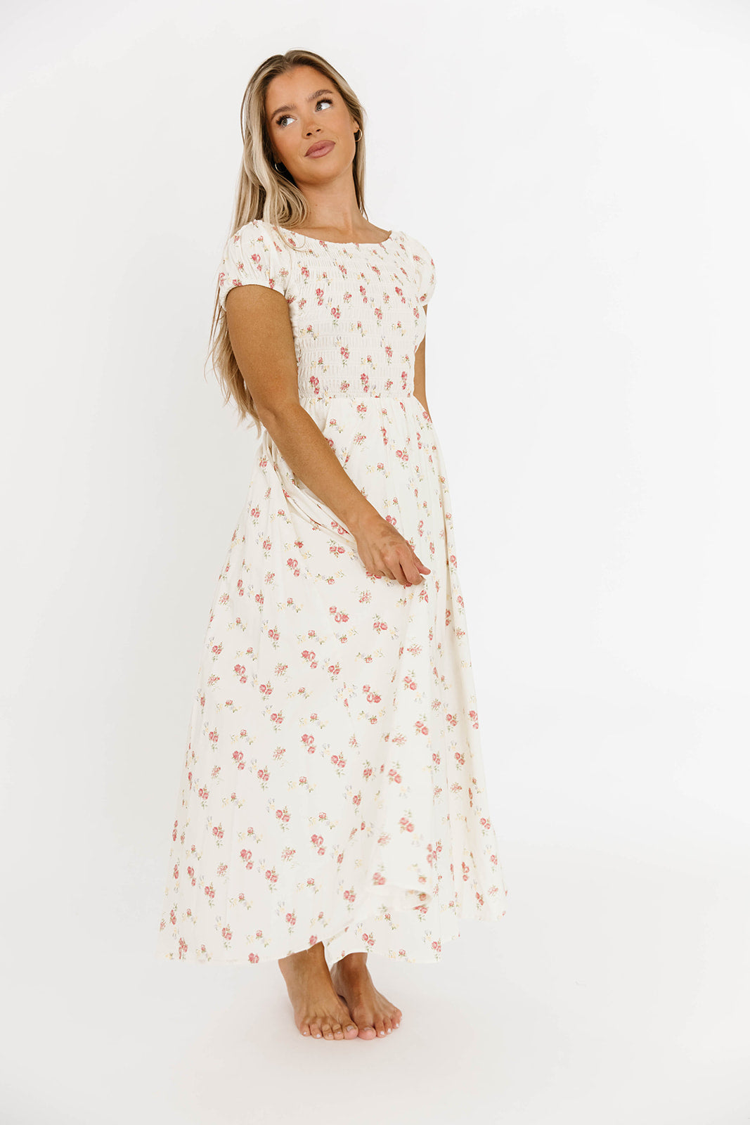 Denise 100% Cotton Smocked Maxi Dress with Piecing and Strappy Back in Cream Floral