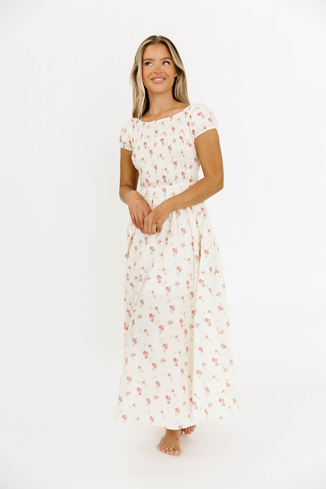 Denise 100% Cotton Smocked Maxi Dress with Piecing and Strappy Back in Cream Floral