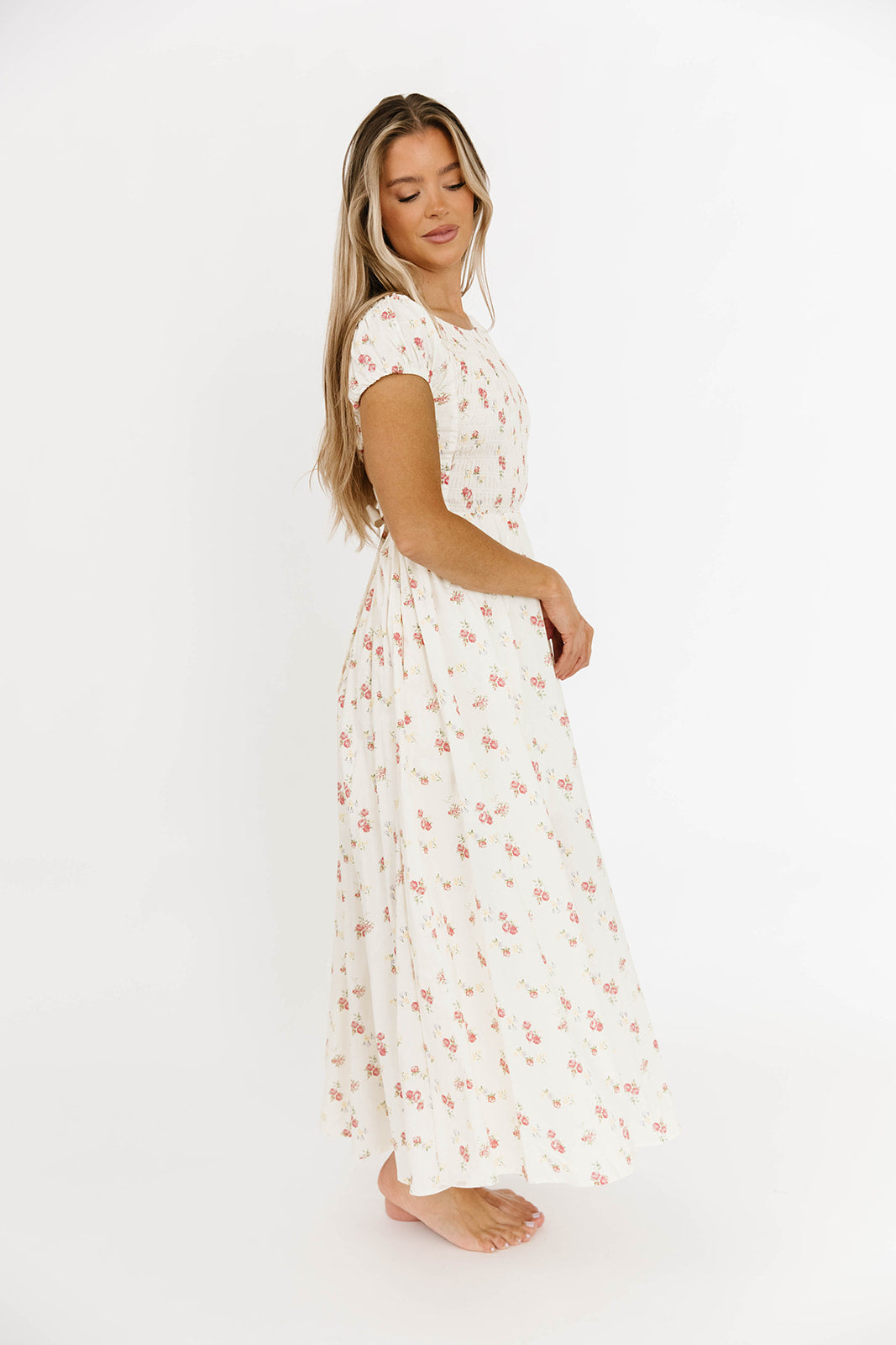 Denise 100% Cotton Smocked Maxi Dress with Piecing and Strappy Back in Cream Floral