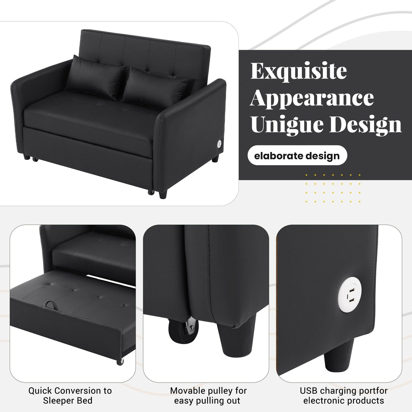 51.57 PU Convertible Sleeper Sofa with 3 USB Ports, 400lb Capacity, and Pull-Out Bed Mechanism