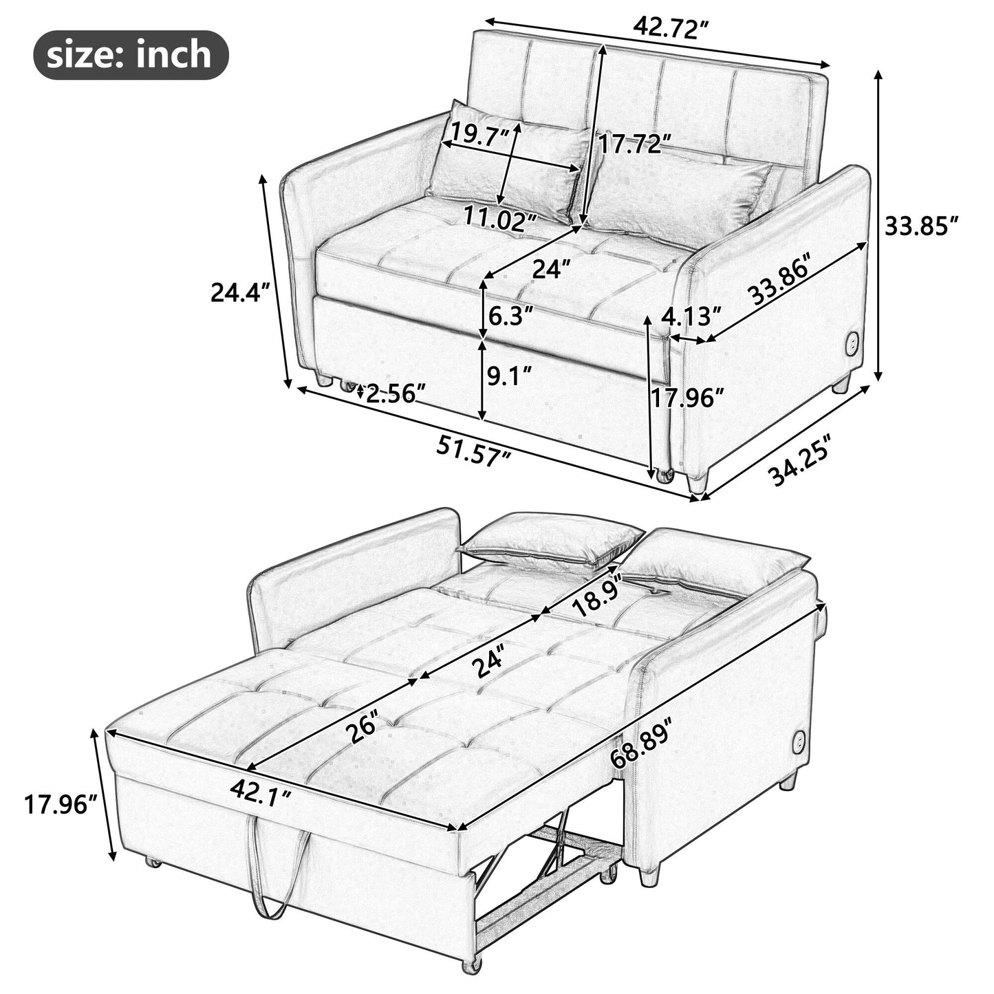 51.57 PU Convertible Sleeper Sofa with 3 USB Ports, 400lb Capacity, and Pull-Out Bed Mechanism