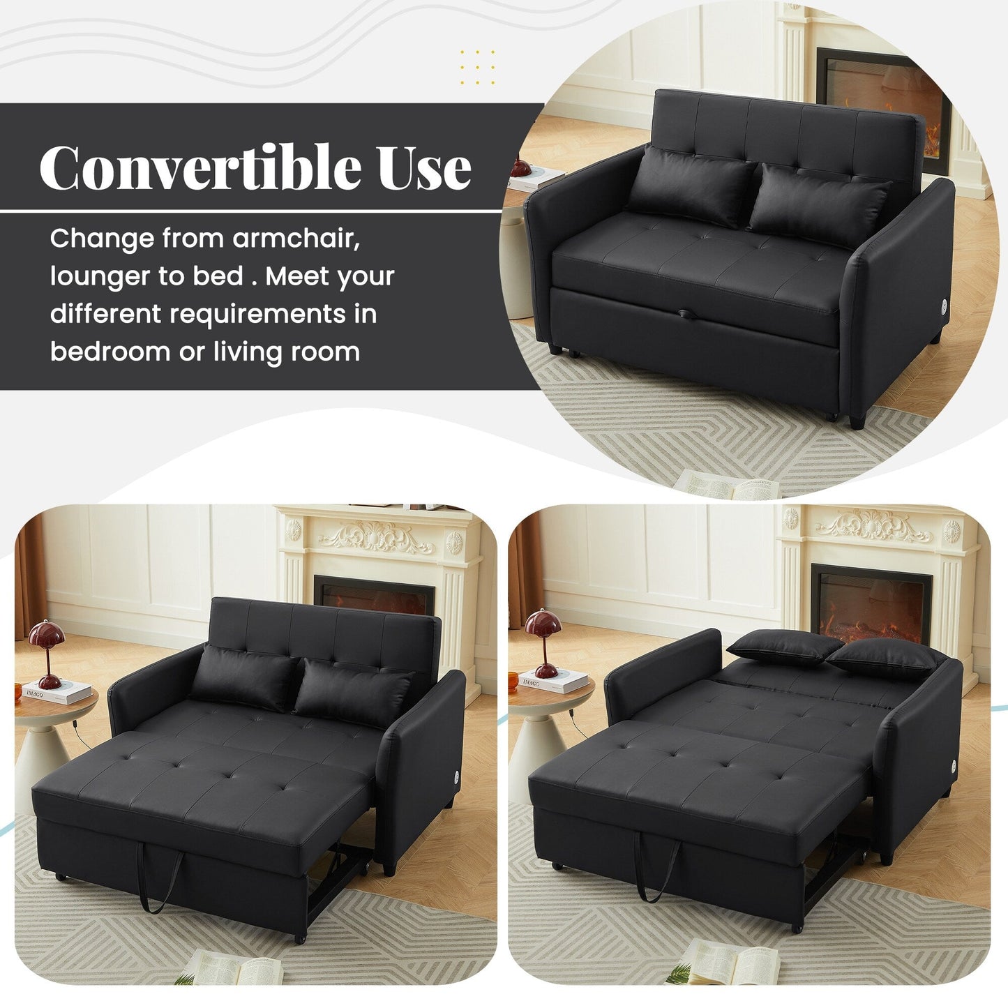 51.57 PU Convertible Sleeper Sofa with 3 USB Ports, 400lb Capacity, and Pull-Out Bed Mechanism