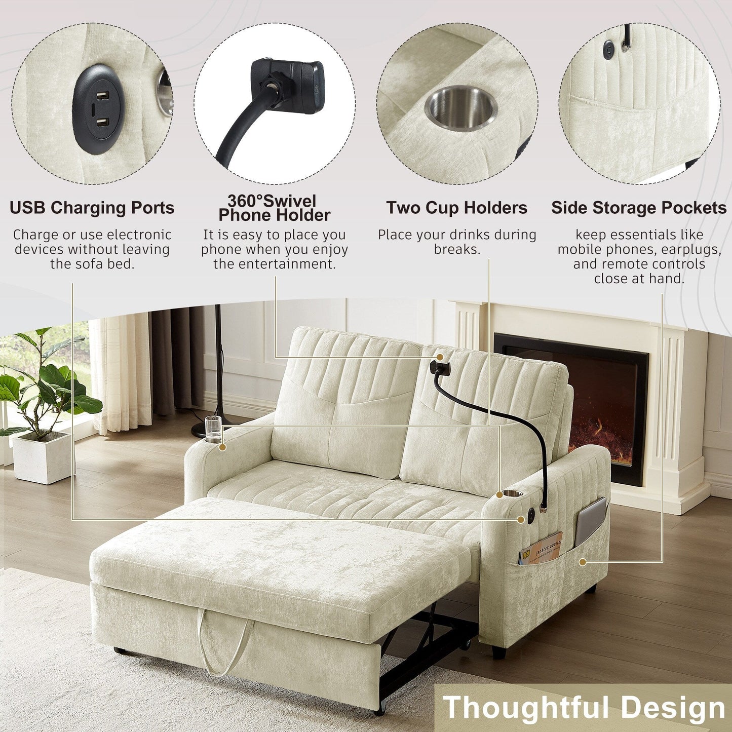 53.9 Chenille Convertible Loveseat with Pull-Out Bed, 3 USB Ports, and Smart Storage