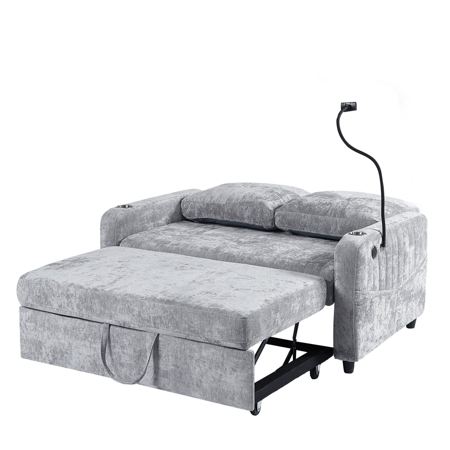53.9 Chenille Convertible Loveseat with Pull-Out Bed, 3 USB Ports, and Smart Storage