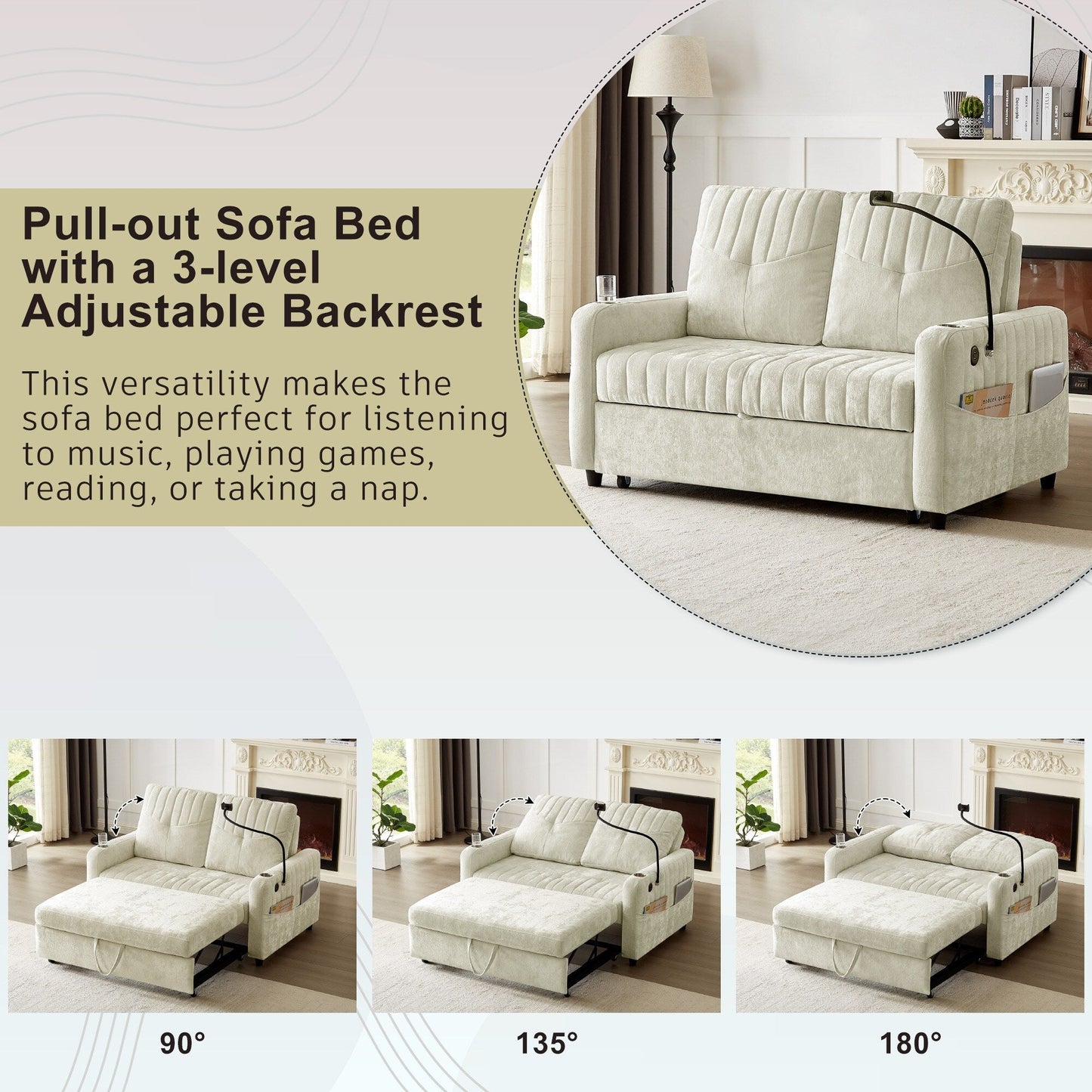 53.9 Chenille Convertible Loveseat with Pull-Out Bed, 3 USB Ports, and Smart Storage