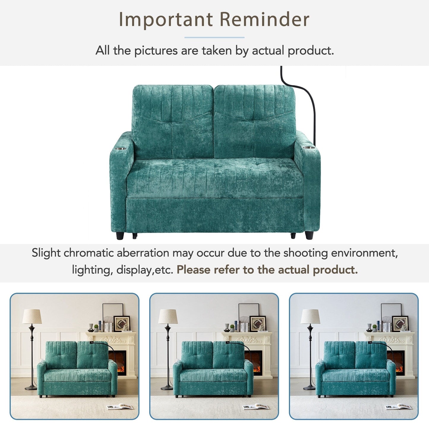 53.9 Chenille Convertible Loveseat with Pull-Out Bed, 3 USB Ports, and Smart Storage