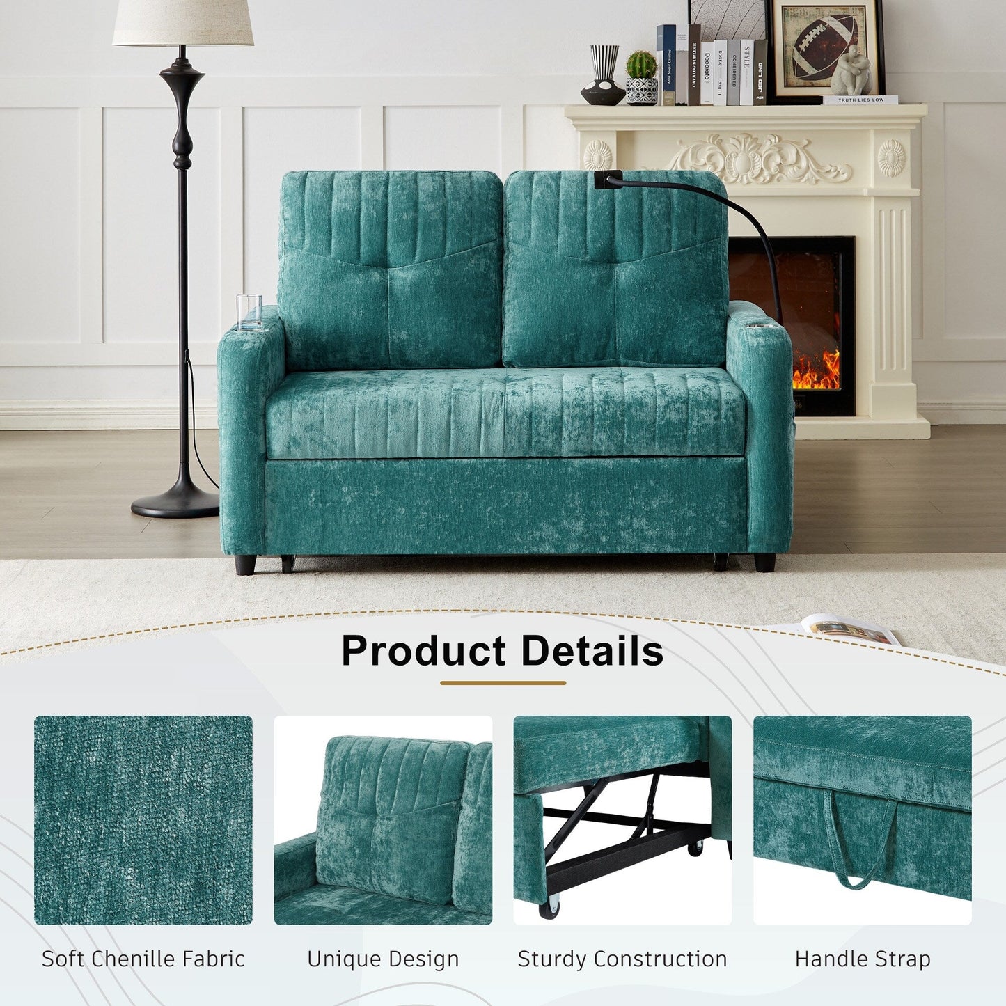 53.9 Chenille Convertible Loveseat with Pull-Out Bed, 3 USB Ports, and Smart Storage