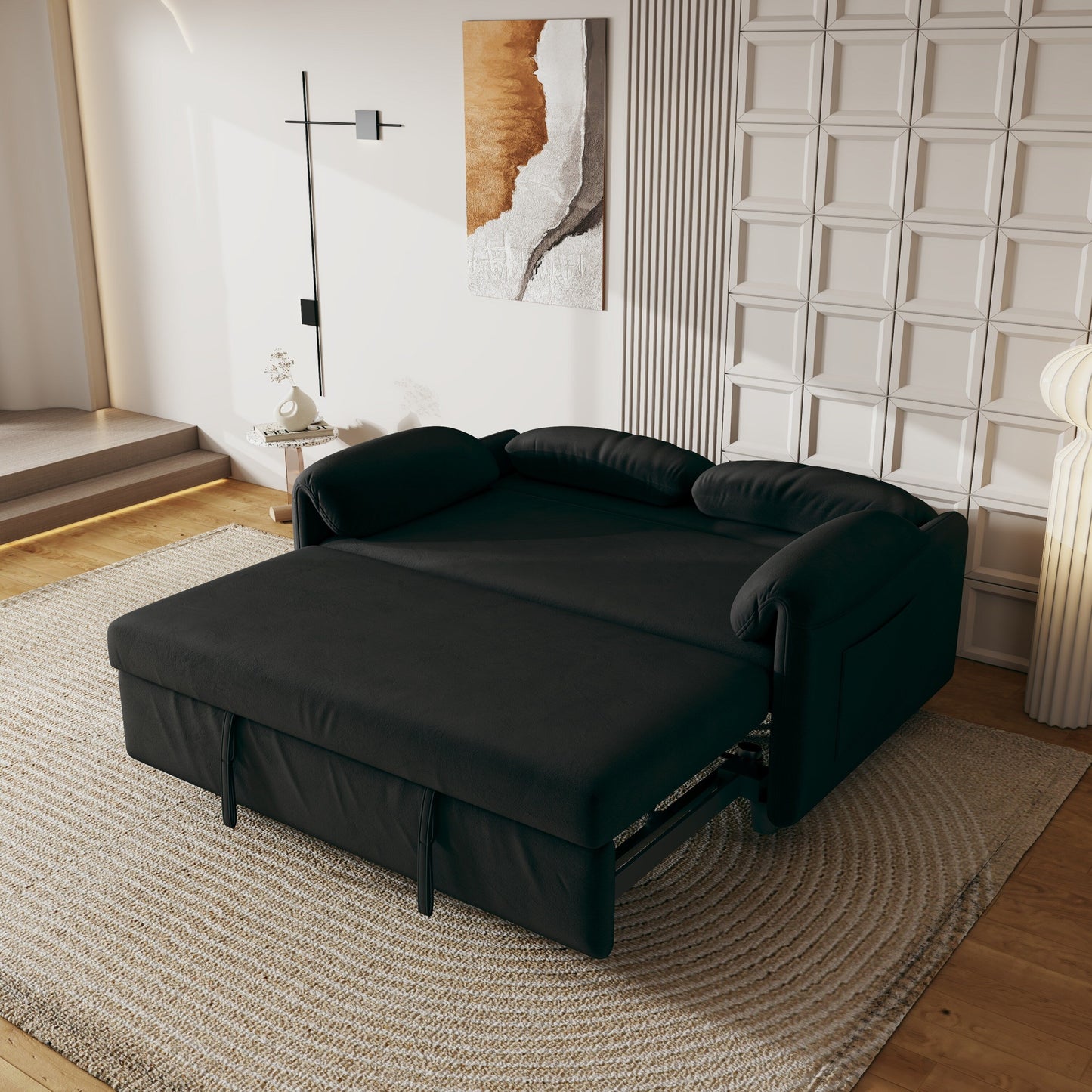 54-Inch Velvet Sofa Bed - Multi-Purpose Design with Retractable Queen Bed and Armrest Storage