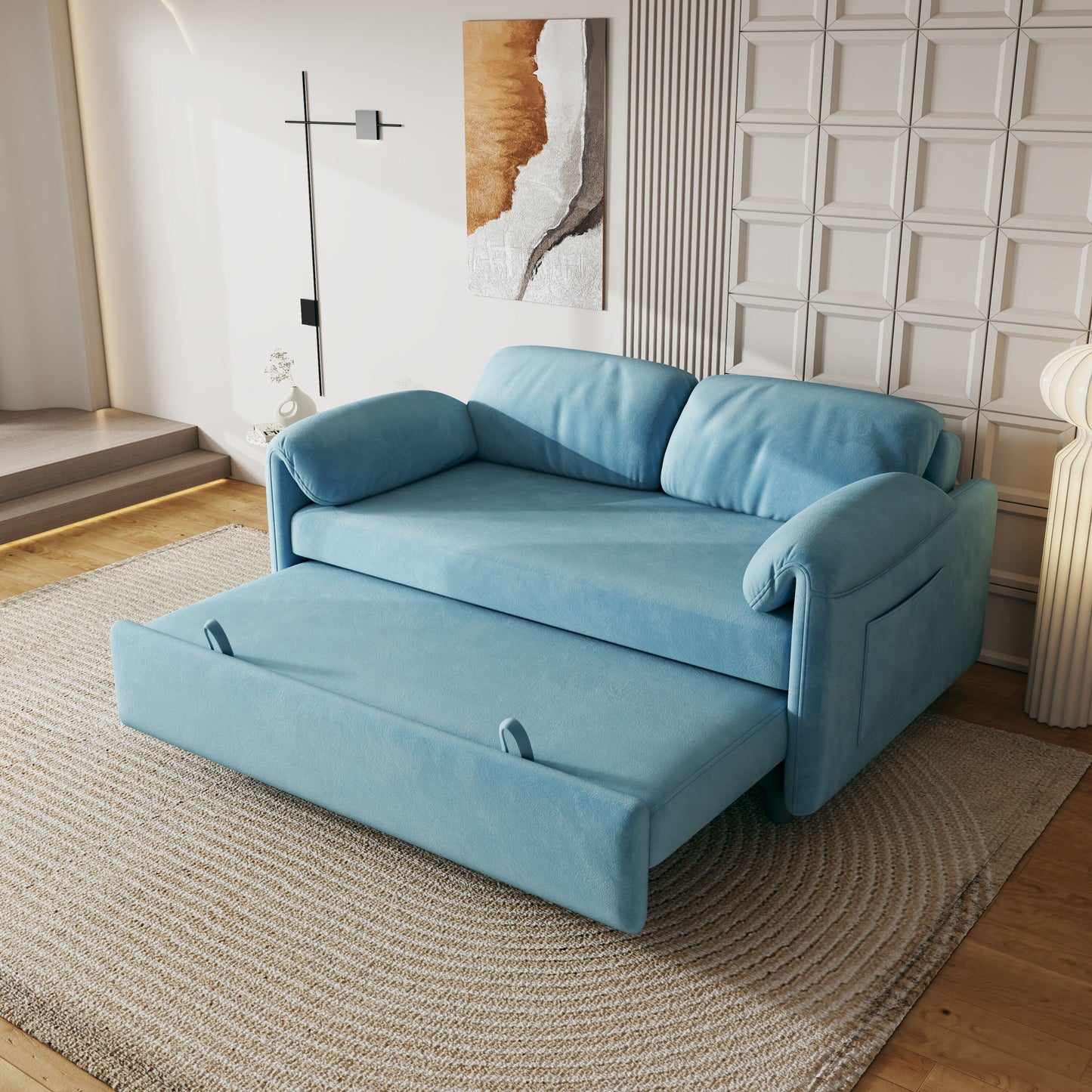 54-Inch Velvet Sofa Bed - Multi-Purpose Design with Retractable Queen Bed and Armrest Storage