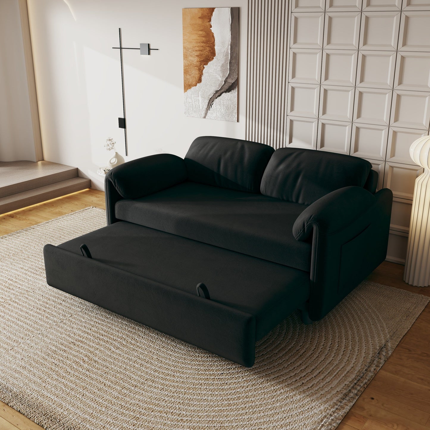 54-Inch Velvet Sofa Bed - Multi-Purpose Design with Retractable Queen Bed and Armrest Storage