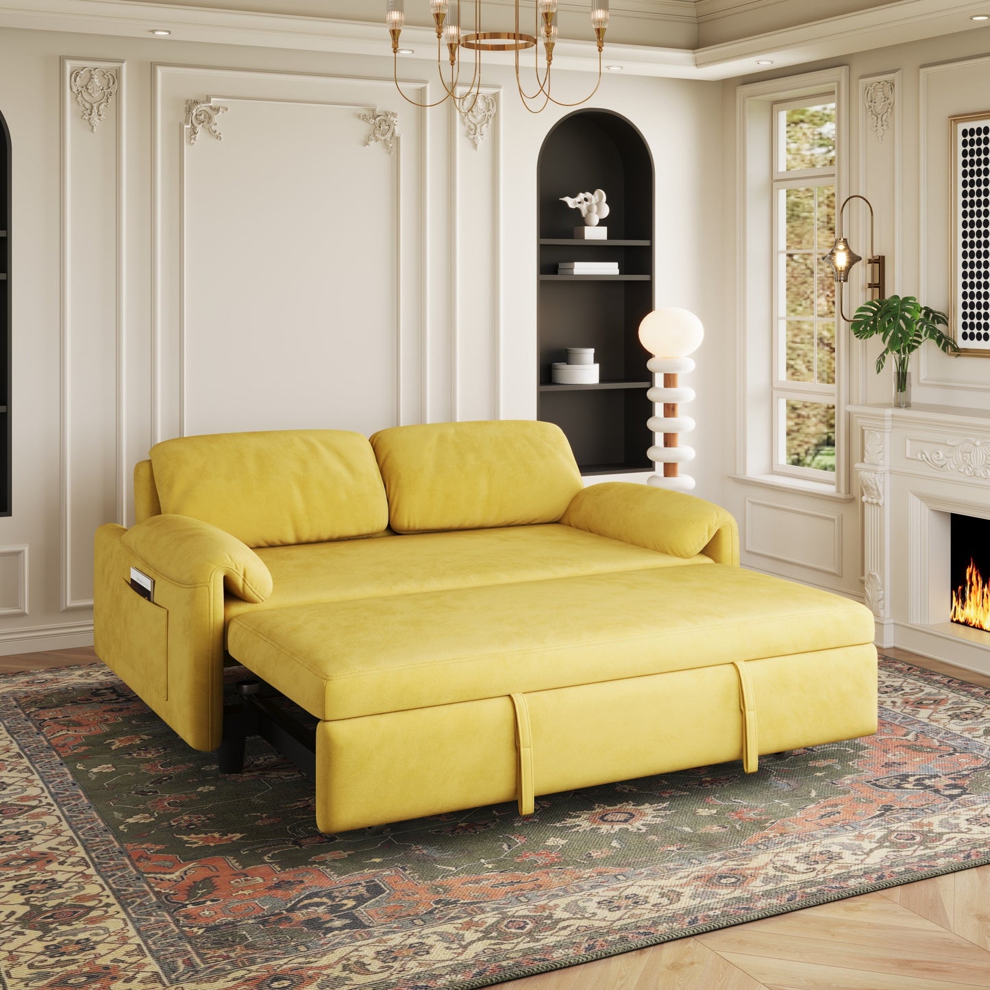 54-Inch Velvet Sofa Bed - Multi-Purpose Design with Retractable Queen Bed and Armrest Storage