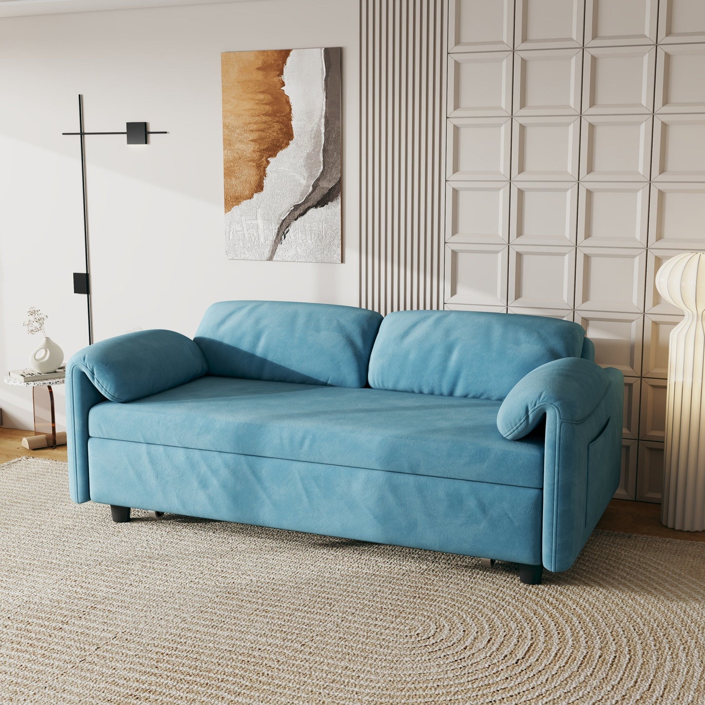54-Inch Velvet Sofa Bed - Multi-Purpose Design with Retractable Queen Bed and Armrest Storage
