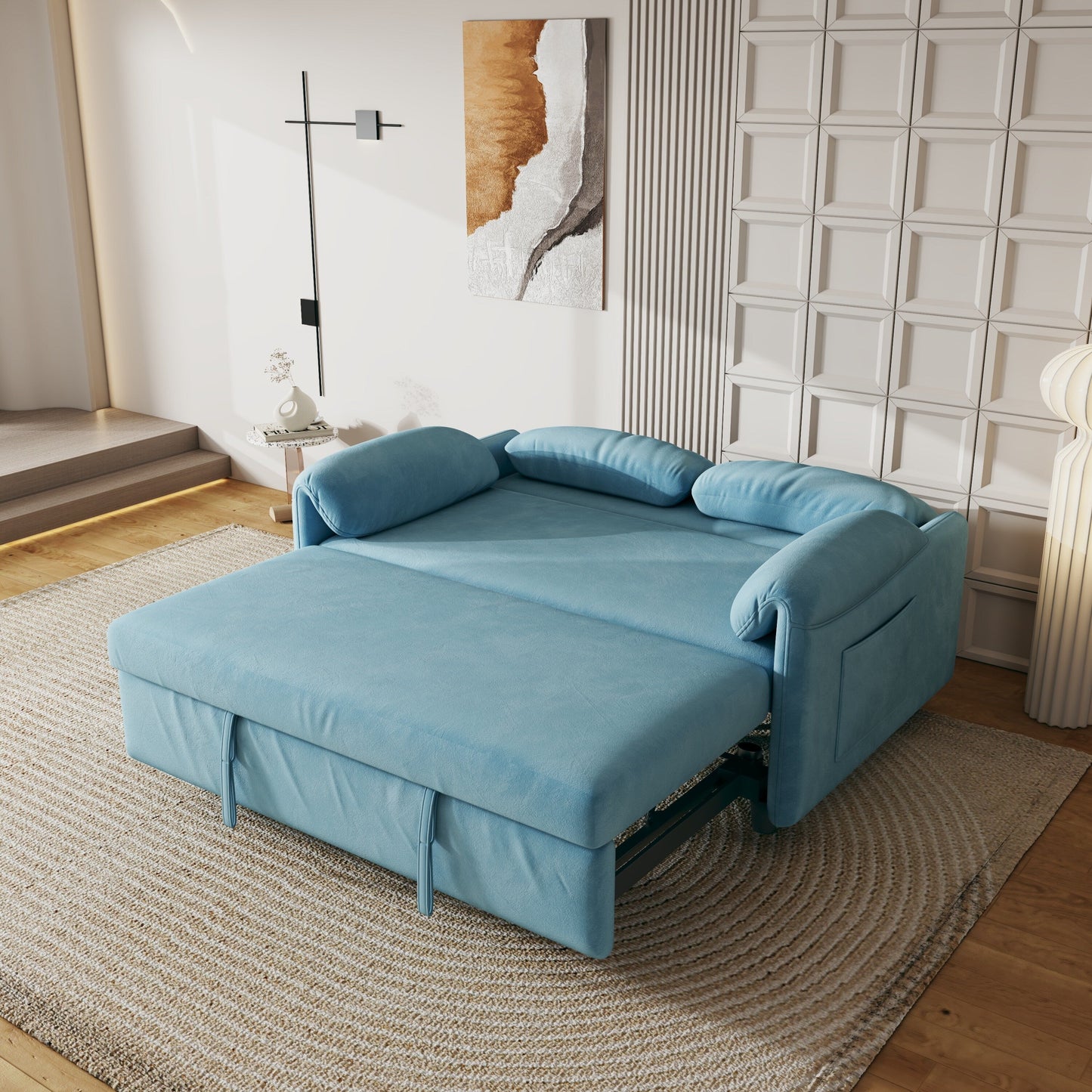 54-Inch Velvet Sofa Bed - Multi-Purpose Design with Retractable Queen Bed and Armrest Storage