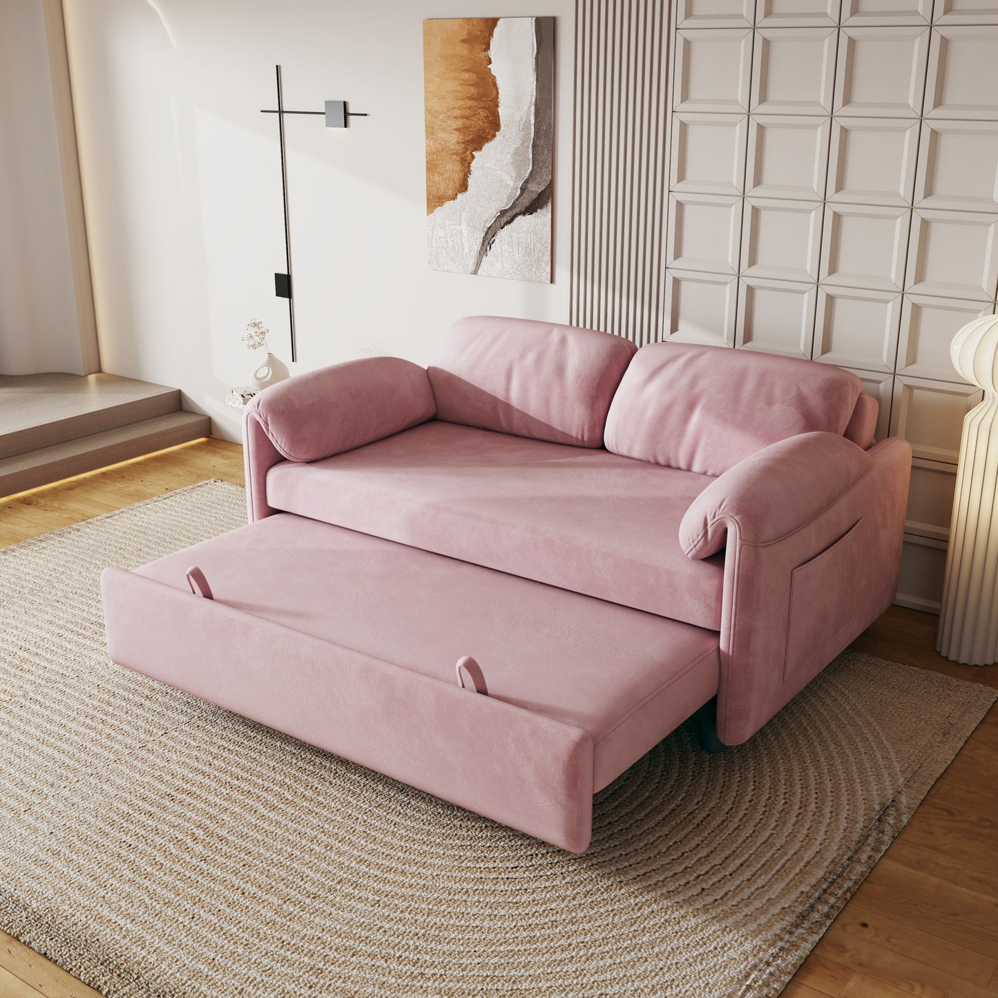 54-Inch Velvet Sofa Bed - Multi-Purpose Design with Retractable Queen Bed and Armrest Storage