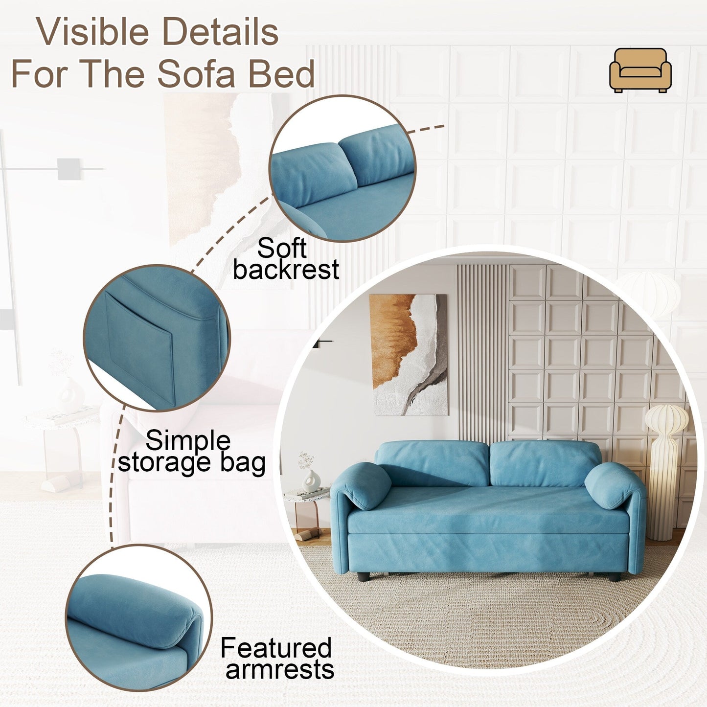 54-Inch Velvet Sofa Bed - Multi-Purpose Design with Retractable Queen Bed and Armrest Storage