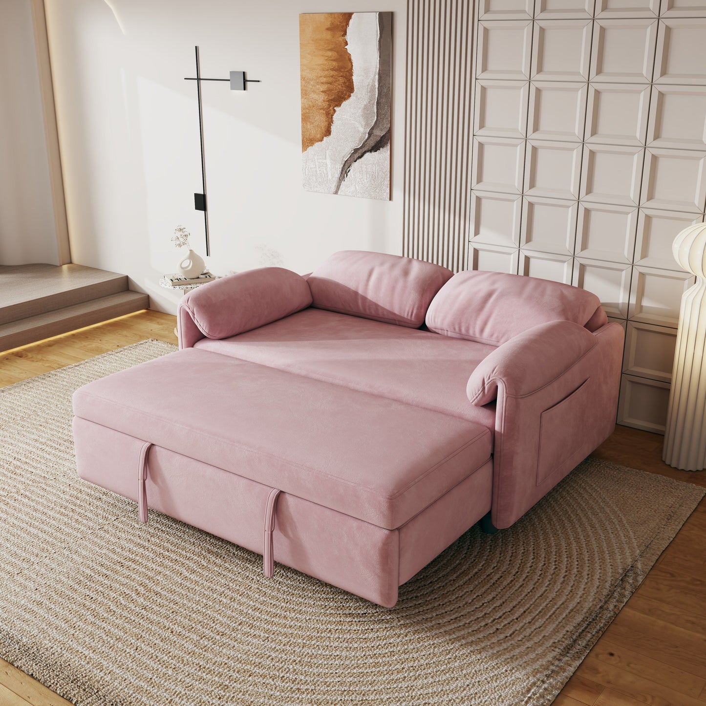 54-Inch Velvet Sofa Bed - Multi-Purpose Design with Retractable Queen Bed and Armrest Storage