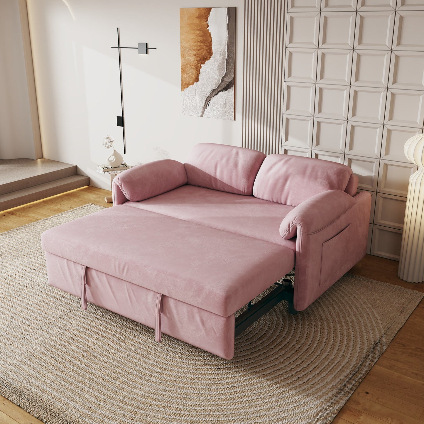 54-Inch Velvet Sofa Bed - Multi-Purpose Design with Retractable Queen Bed and Armrest Storage
