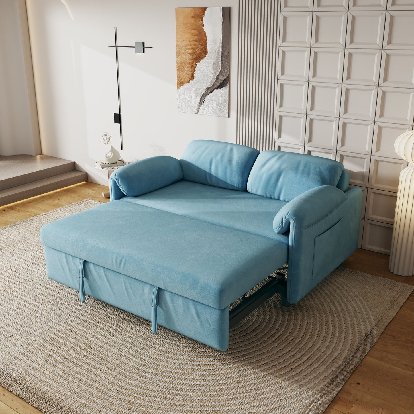 54-Inch Velvet Sofa Bed - Multi-Purpose Design with Retractable Queen Bed and Armrest Storage