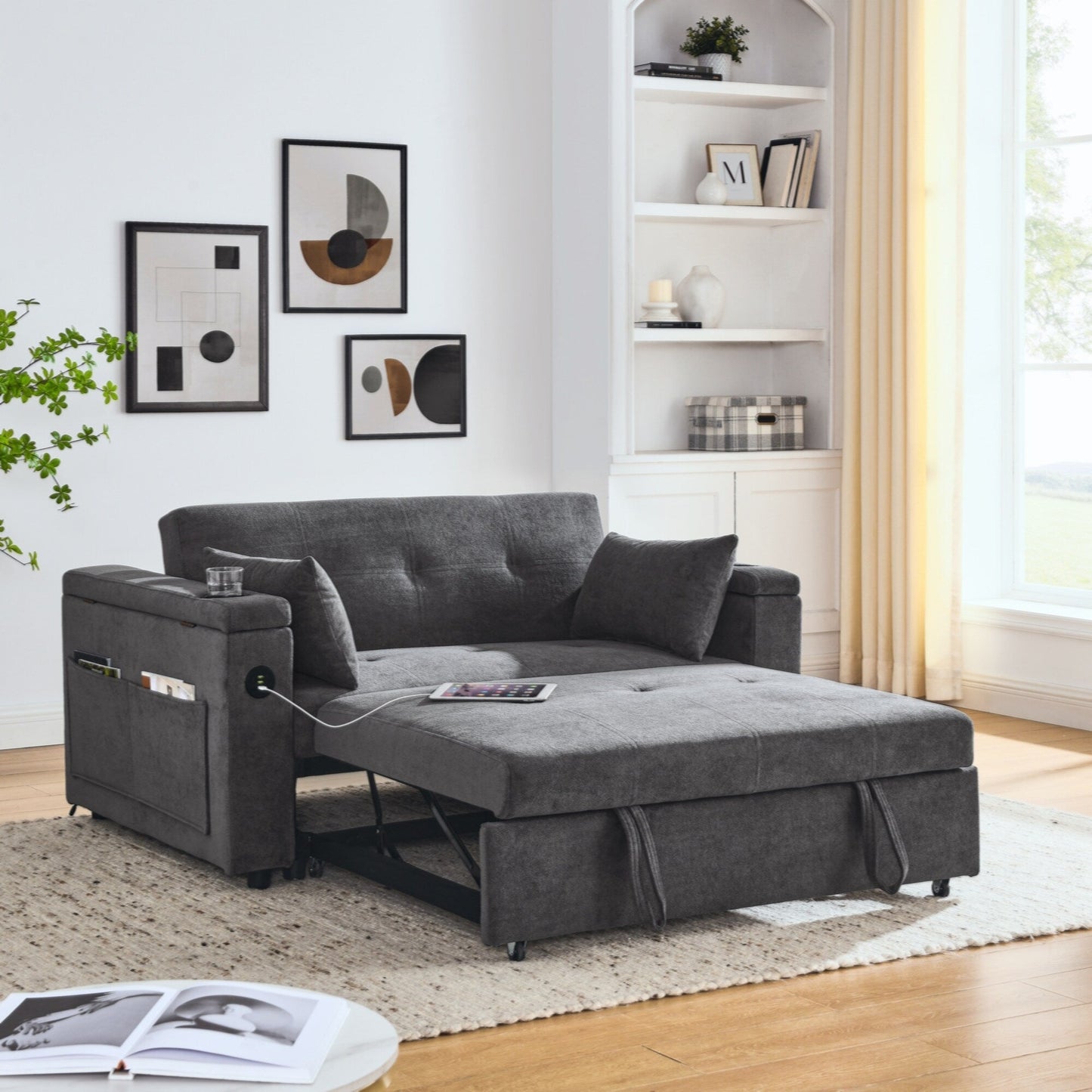 54 Pull-Out Sleeper Sofa Bed Double Seat Recliner Sofa Bed with Armrests with Storage and Side Pockets,with USB Power Outlet